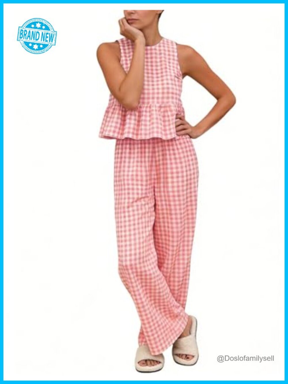 Womens 2 Piece Gingham Set Plaid Open Back Ruffle Tank Top & Wide Leg Pants